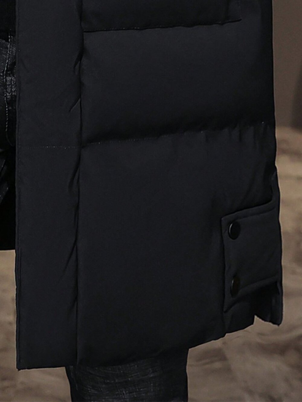 Men's Black Slant Pocket Drawstring Hooded Padded Coat - Picture 3 of 5